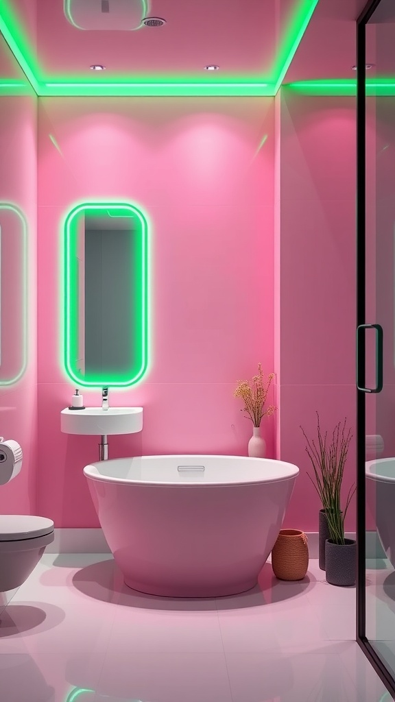 A modern bathroom featuring pink walls and green accent lighting, showcasing a freestanding tub and stylish decor.