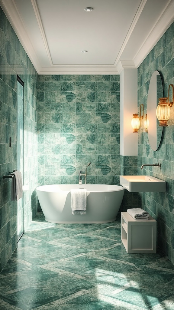 A modern bathroom featuring green tiles on the walls and floor, a white bathtub, and stylish lighting.