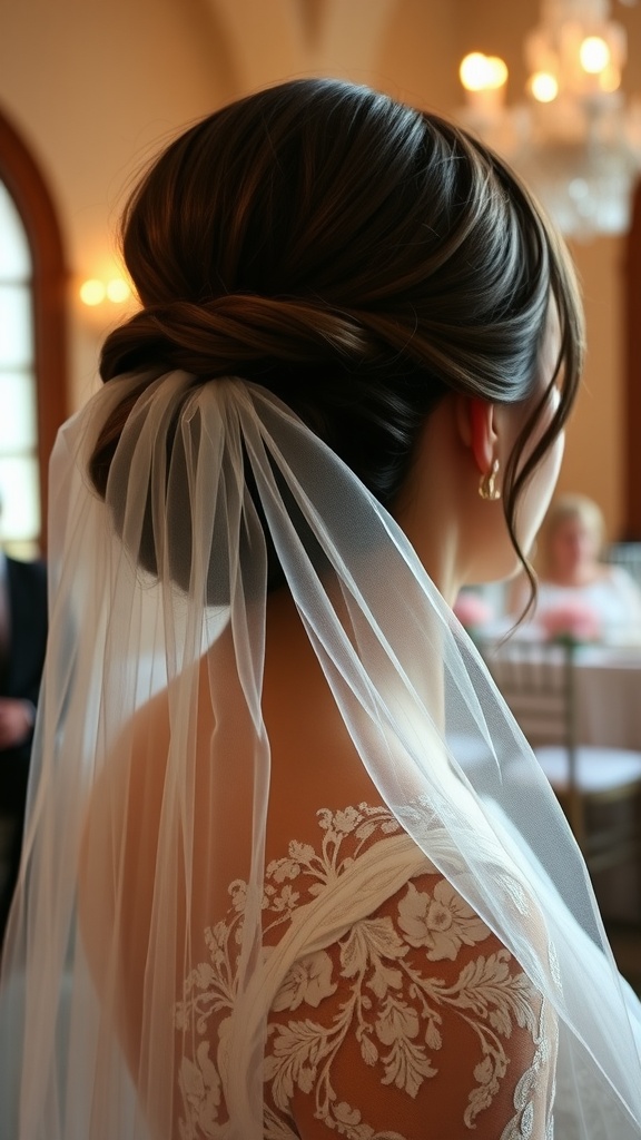 A bride with a half-up bun hairstyle adorned with a vintage veil, showcasing her intricate dress details.