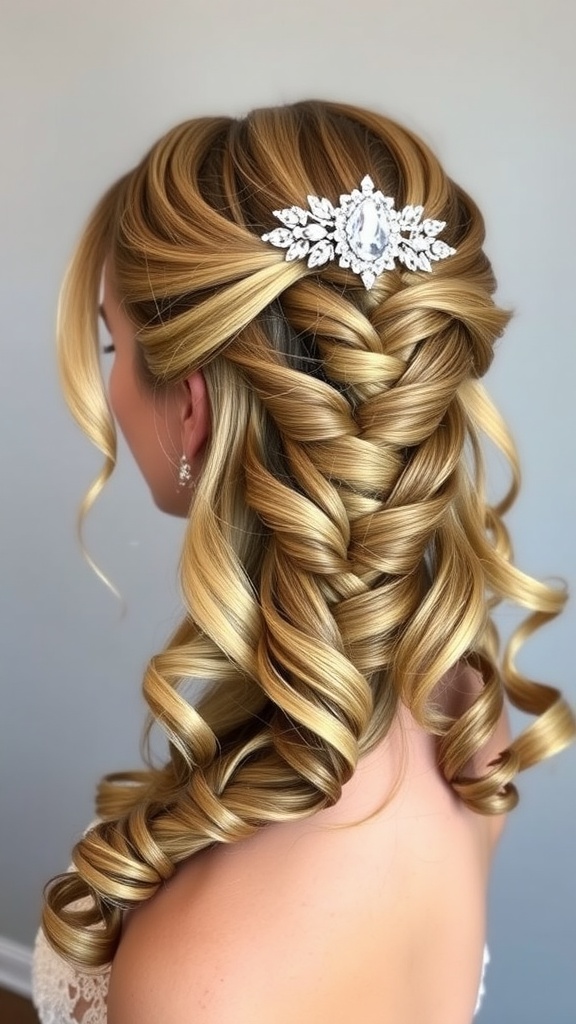 A woman with medium-length hair styled in an elegant half-up half-down hairstyle, featuring beautiful curls and a decorative hairpiece.