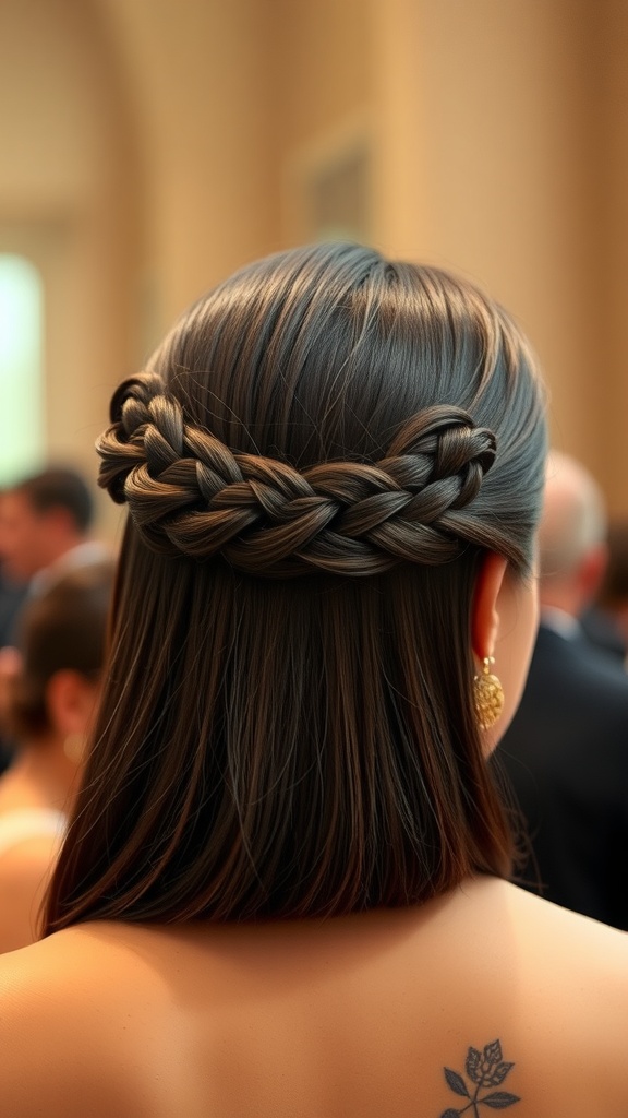 A woman with straightened hair styled in a half braid, showcasing an elegant look.