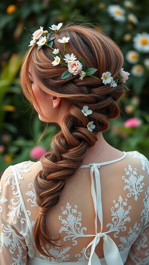 A woman with a halo braid hairstyle adorned with flowers, viewed from the back.