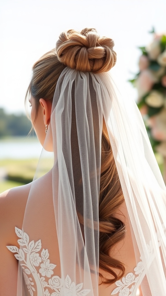 A bride with a high ponytail hairstyle adorned with a veil, showcasing an elegant bun and soft waves.