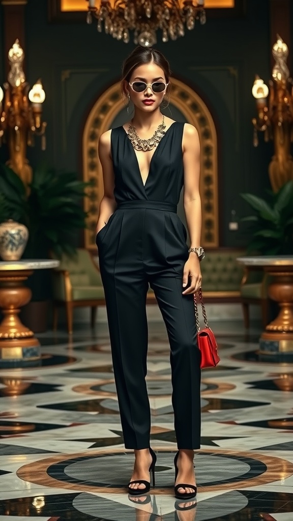A woman wearing a sleek black jumpsuit with a deep V-neck, accessorized with a bold necklace, red handbag, and sunglasses, standing in a luxurious setting.
