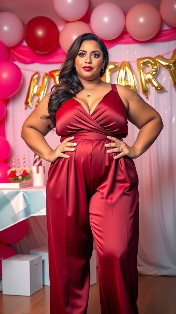 A plus-size woman in a red jumpsuit, standing confidently in front of a birthday celebration backdrop with pink balloons.