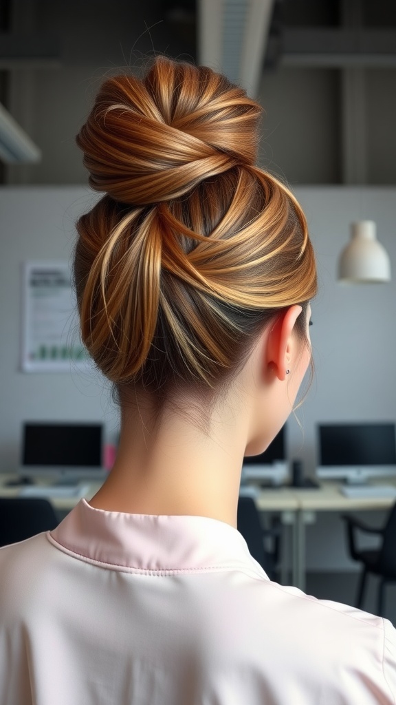 A close-up view of an elegant knotted updo hairstyle, showcasing warm blonde and caramel highlights, styled on a woman in a professional setting.
