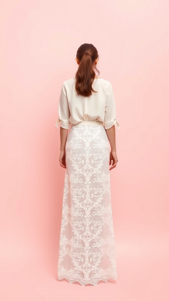 A woman wearing a white lace maxi skirt and a casual blouse, standing against a pink background.