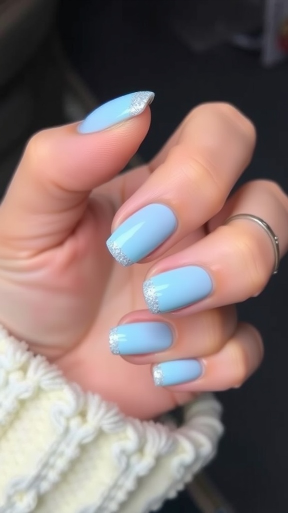 A hand with light blue ombre nails featuring silver tips, showcasing a stylish design.