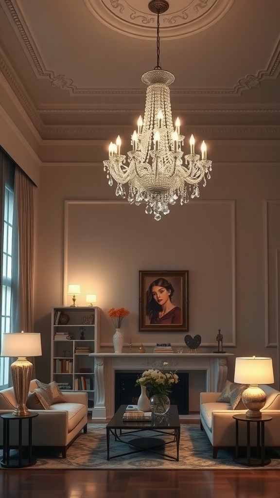 A stylish living room with a grand chandelier and elegant table lamps providing warm lighting.