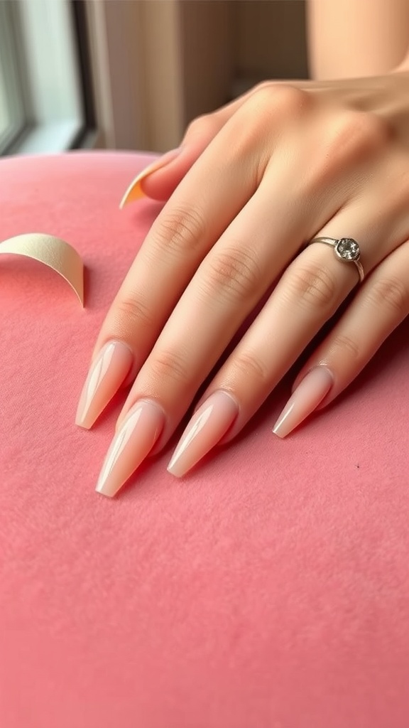 Elegant long nude pink chrome nails on a hand resting on a pink surface
