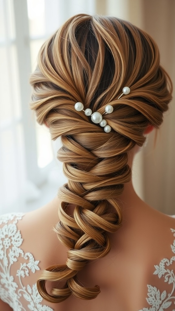 A close-up view of a woman’s hair styled in an elegant loose braid adorned with pearls, showcasing a soft and romantic hairstyle.