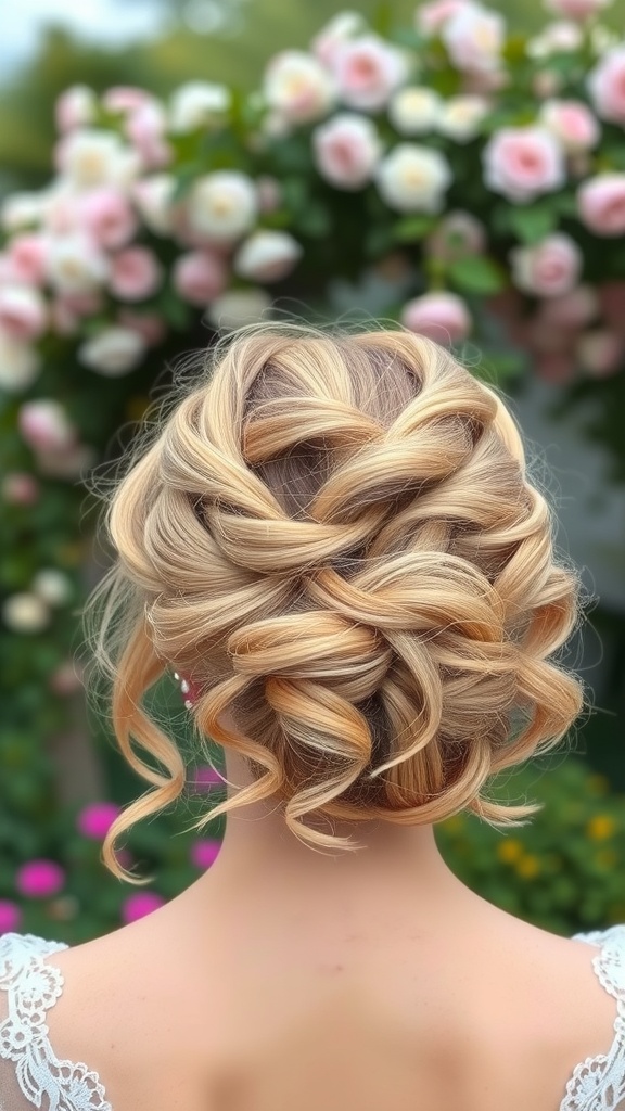 Elegant loose curly updo hairstyle with flowers in the background