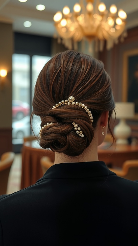 A woman with a low bun hairstyle adorned with beads, showcasing a chic and elegant look.
