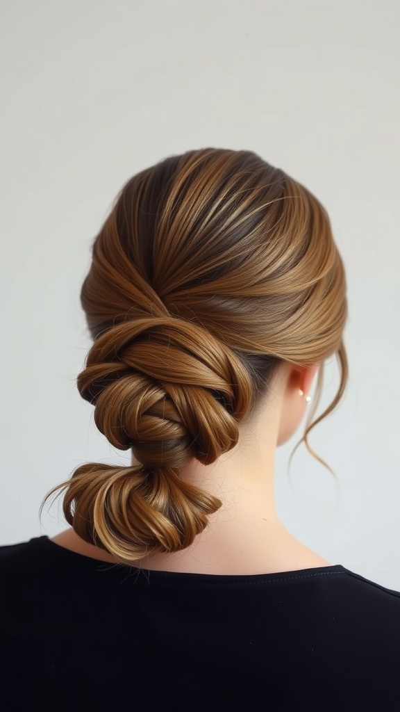 A low chignon ponytail hairstyle, featuring twisted hair secured at the nape with soft waves.