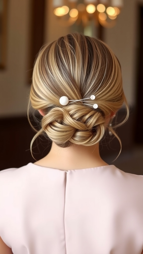 A stylish low chignon hairstyle with a faux ponytail, featuring decorative hairpins.