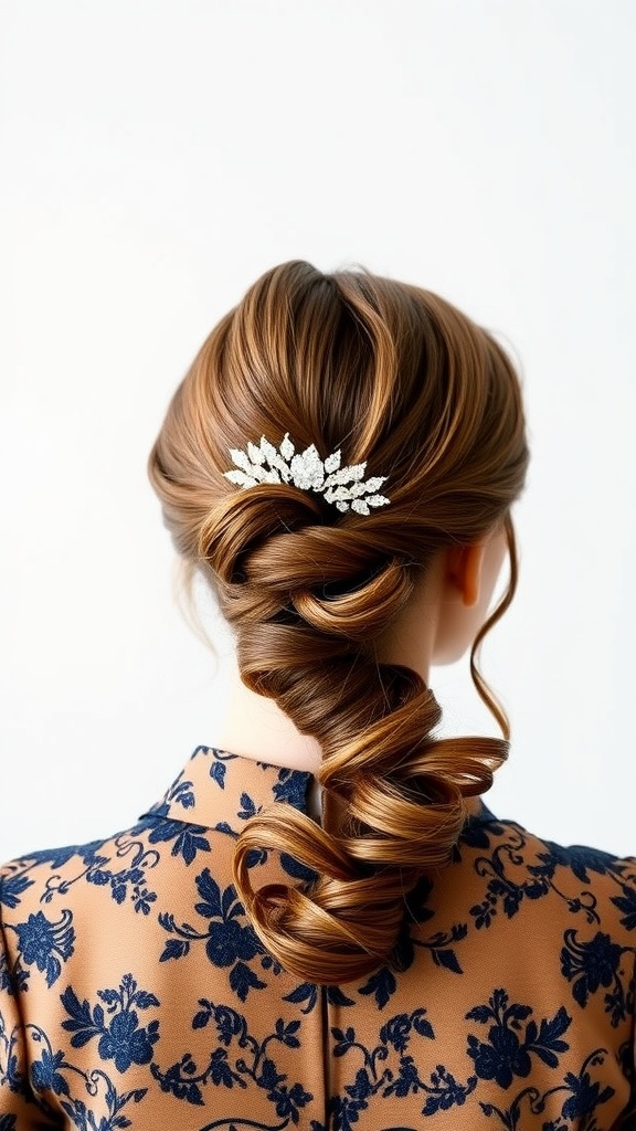An elegant low ponytail hairstyle featuring a sparkling accessory.