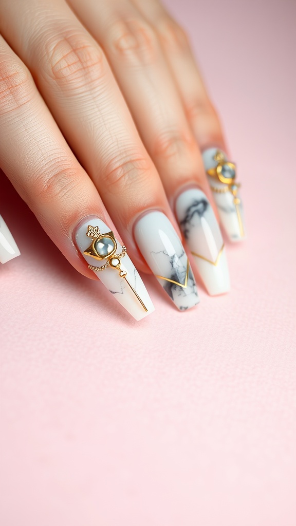 Elegant marble coffin nails with gold accents on a pink background