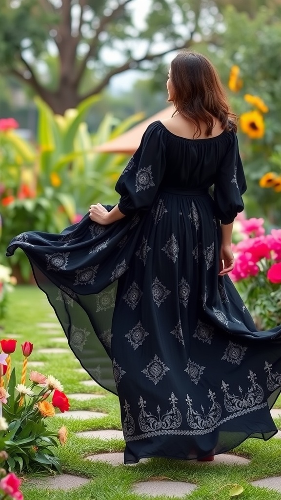 A woman in a flowing black maxi dress with intricate designs, walking through a colorful garden filled with flowers.
