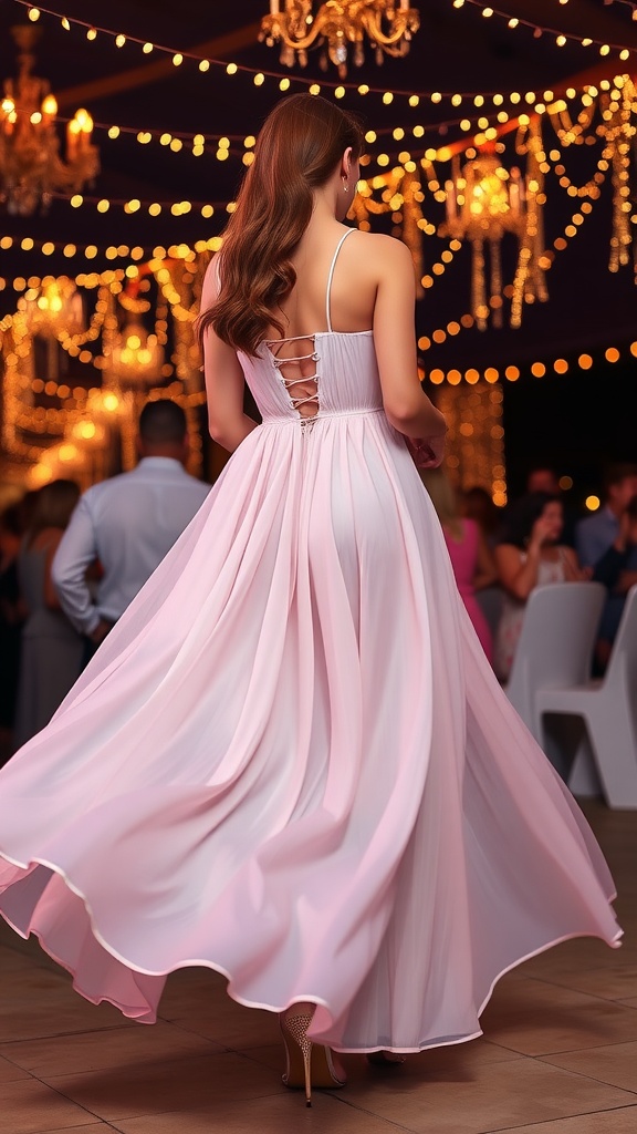 A woman in a flowing pink maxi dress with a stylish back design, twirling at a birthday celebration under a canopy of lights.