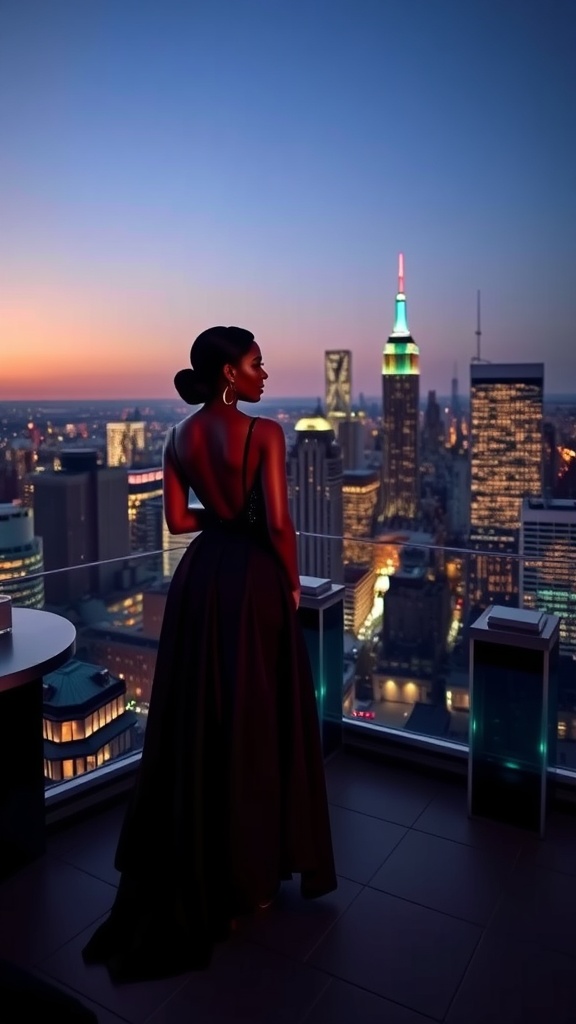 A woman in a black maxi dress looking out over a city skyline at sunset.