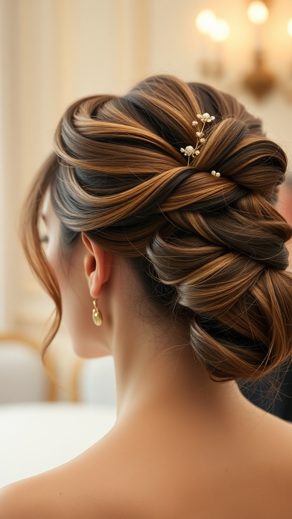 A stylish messy ponytail hairstyle with soft waves and hair accessories, perfect for formal events.