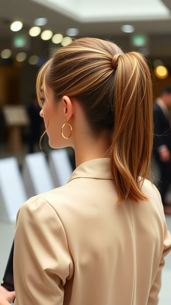 Elegant mid ponytail hairstyle for formal events, showcasing a woman with a sleek ponytail and subtle hoop earrings.