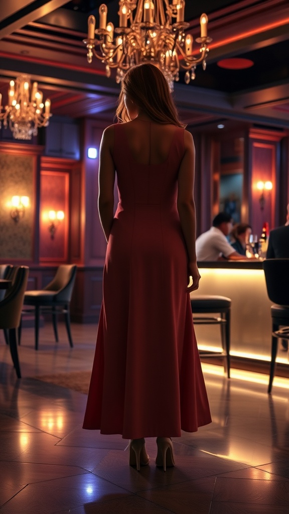 A woman wearing a red midi dress in a stylish club setting