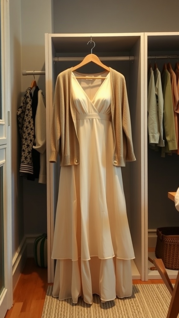 A cream-colored midi dress paired with a beige cardigan, hanging in a closet.