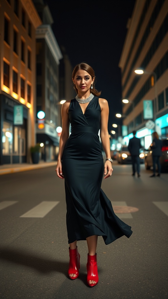 A woman in a black midi dress and red heeled booties, accessorized with a statement necklace and earrings, walking on a city street at night.