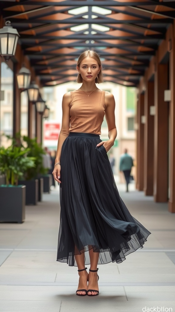 A model wearing a brown top and black midi skirt, standing in a stylish corridor.