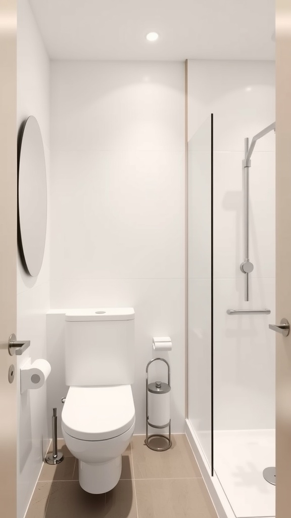 Minimalist guest bathroom featuring a white toilet, glass shower, and round mirror