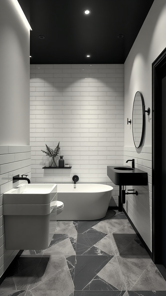 Modern bathroom with black ceiling, white tiles, and minimalist fixtures.