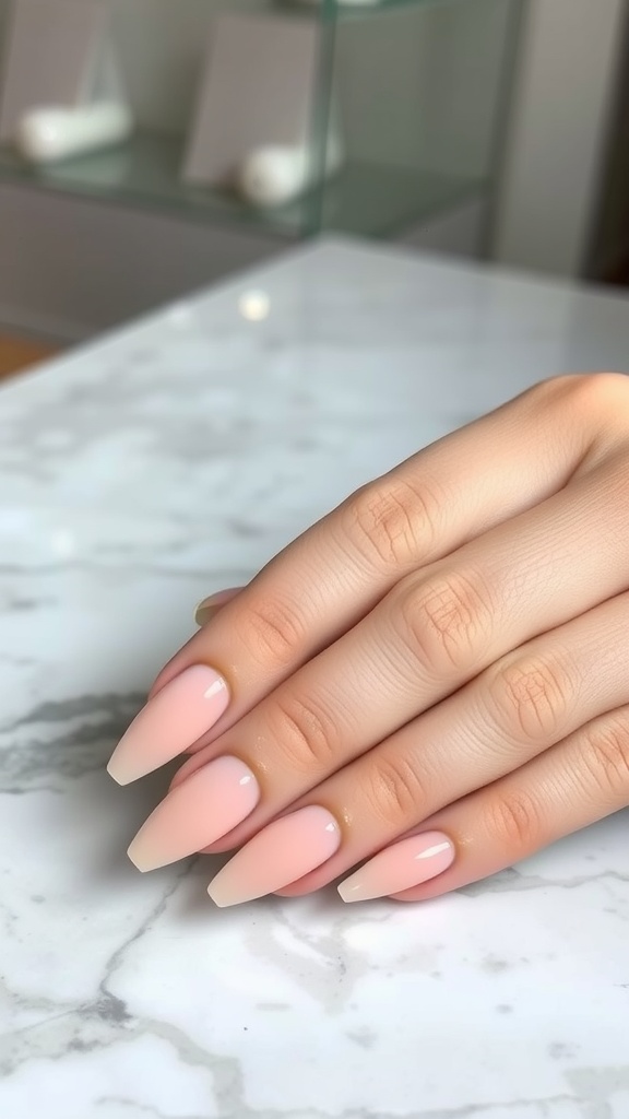 A close-up of elegantly manicured short almond nails in nude tones.