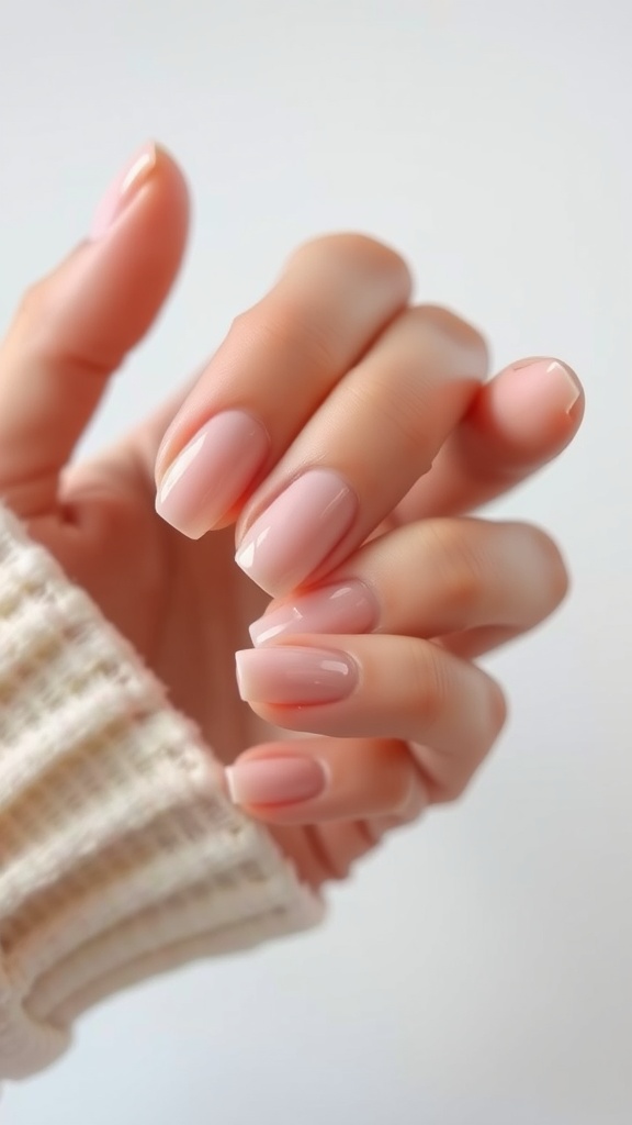 Close-up of a hand with nude pink chrome nails, wearing a cozy sweater.