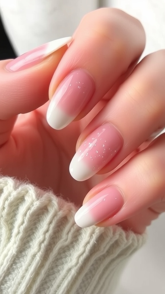 A hand with elegantly designed ombre nails, transitioning from pink to white with sparkles.