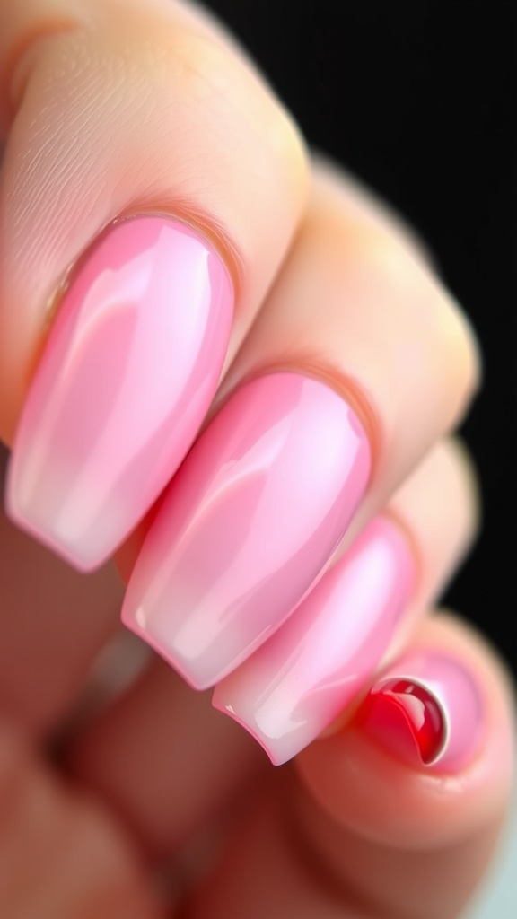 Light pink chrome nails with an ombre effect and a red accent nail.