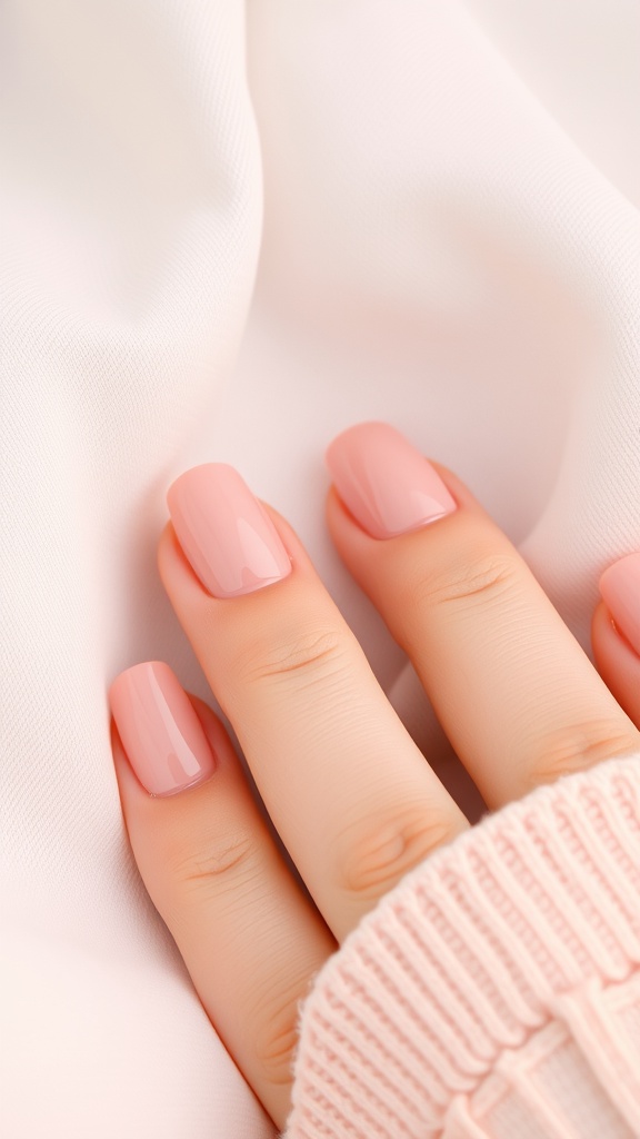 Close-up of elegantly manicured ombre nude nails on a soft fabric background.