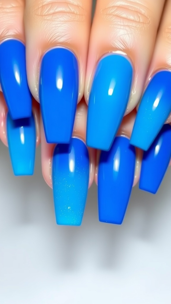 Close-up of elegantly designed ombre royal blue acrylic nails, showcasing a gradient effect from dark to light blue.