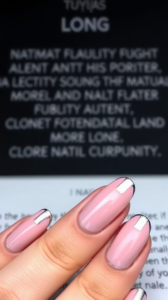 Manicure featuring a soft pink base with chrome tips.