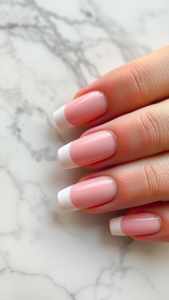A close-up of pink chrome French tip nails on a marble surface.