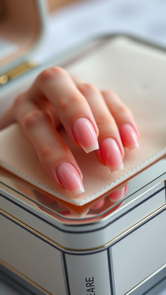 A hand displaying pink French tip nails with chrome accents.