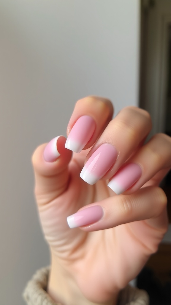 Close-up of elegant pink ombre French tip nails