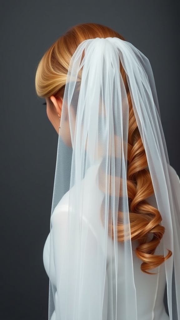 Elegant ponytail hairstyle with veil integration, featuring flowing waves and a delicate veil draped over the back.