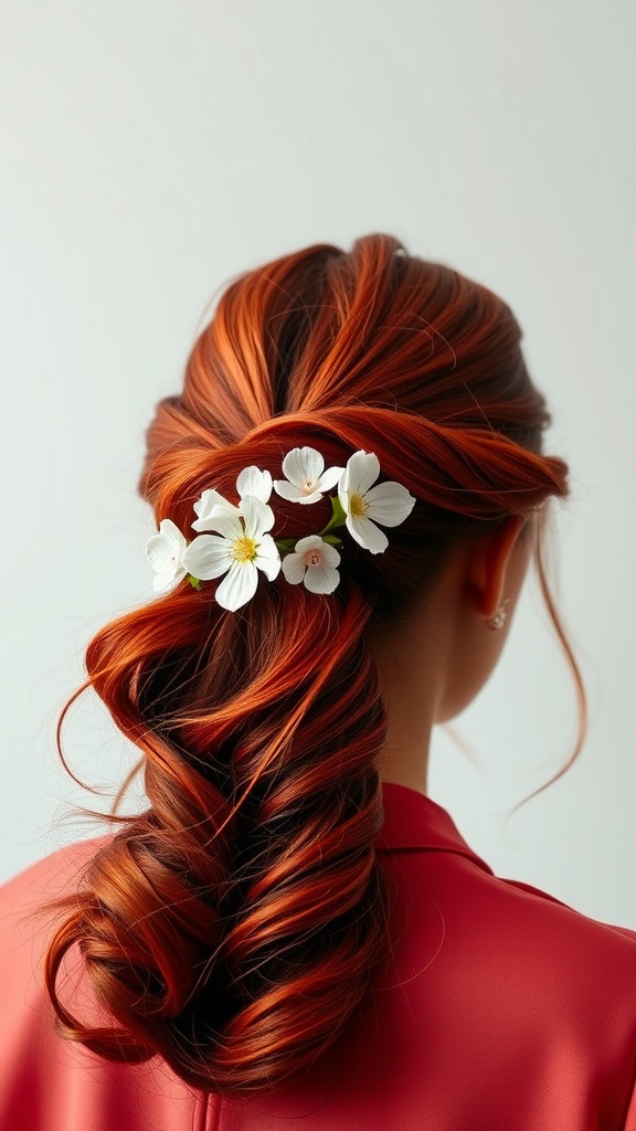 A stylish red ponytail hairstyle adorned with white floral accents.