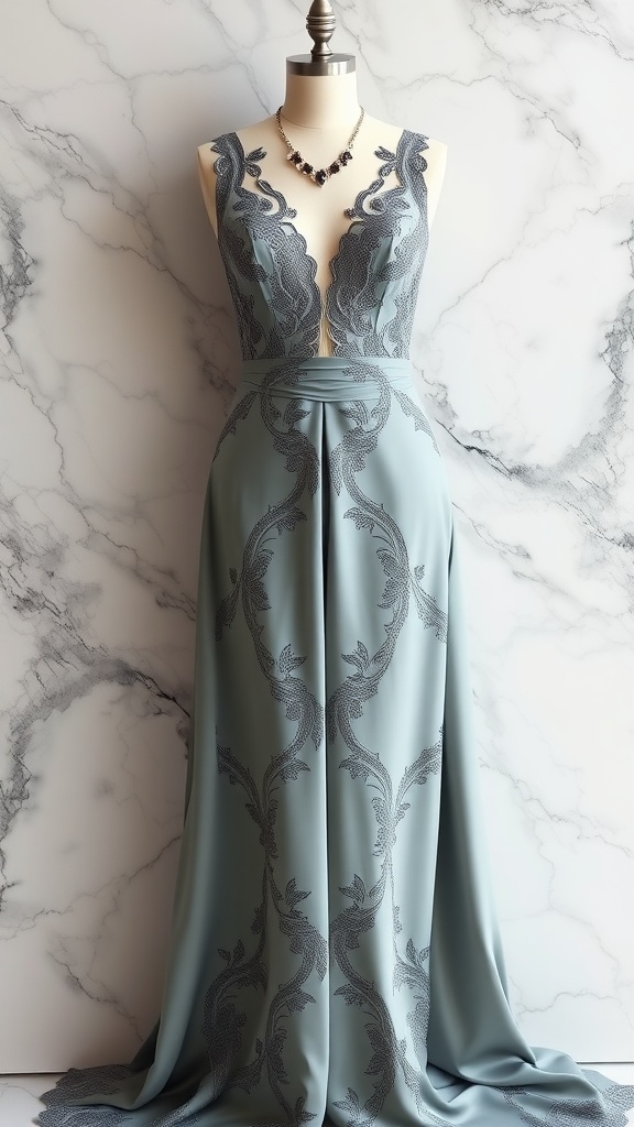 Elegant satin jumpsuit with lace details displayed on a dress form.