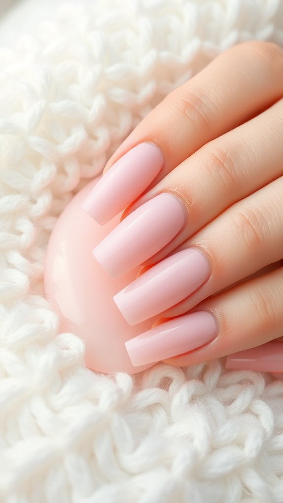 Close-up of elegant short light pink chrome nails on a soft white background