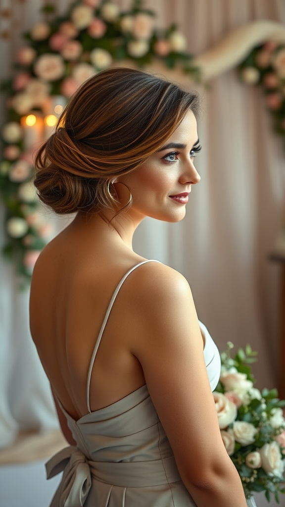 Bridesmaid with side swept hair and floral backdrop