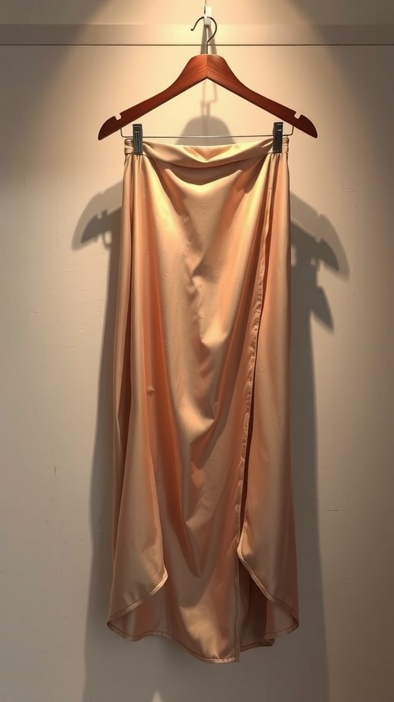 Elegant silk wrap skirt on a hanger