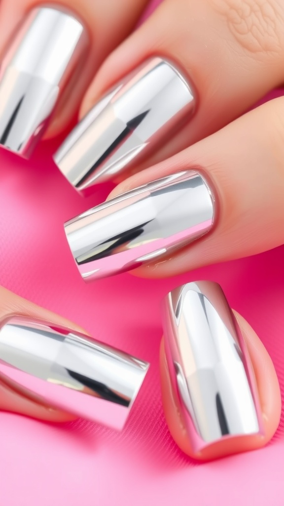 A close-up of nails with a shiny silver chrome finish on a pink background