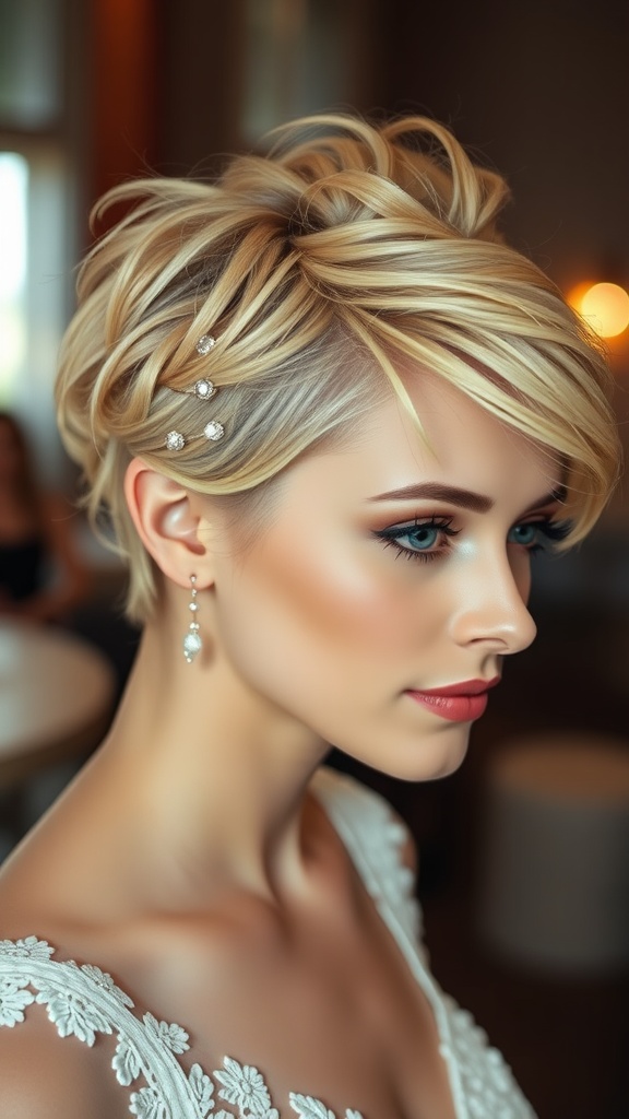 A woman with a textured pixie hairstyle adorned with hair accessories, showcasing elegance and style.